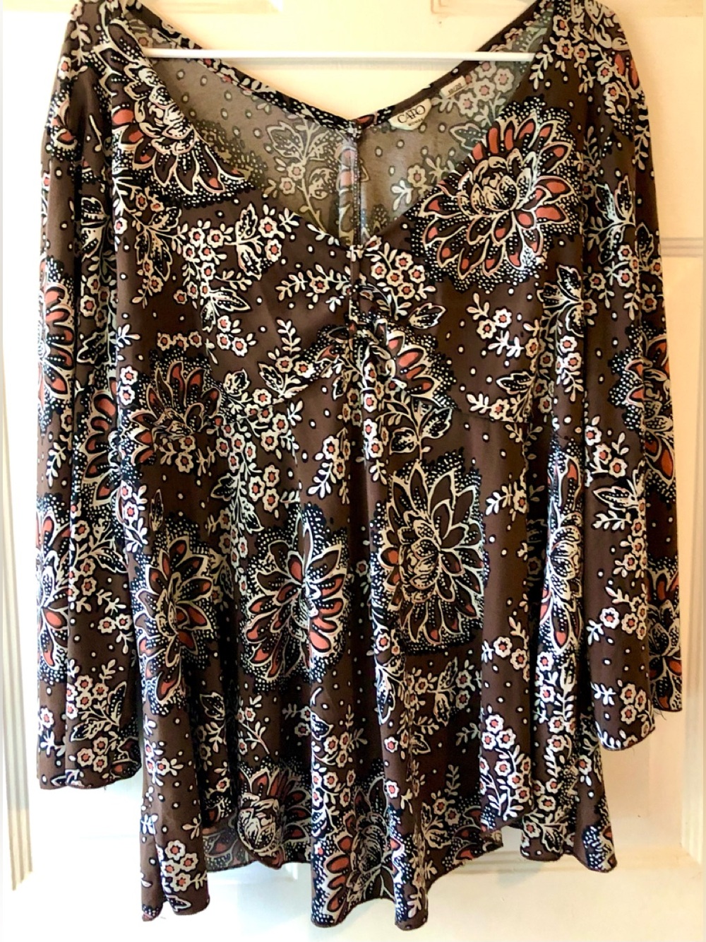 Cato Brown Rust Tan Black Floral Ruched Front Boho Knit Tunic Top Size 18 20